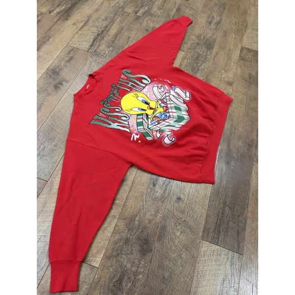 Vintage 90s Tweety Bird Looney Tunes Christmas Crewneck Sweatshirt Red XXL - Picture 3 of 8